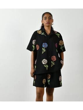 Nor Black Nor White Icicle Embroidered Flowers Black Shirt Size XS
